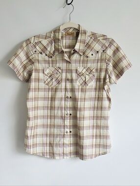 Wrangler Studded Star Plaid Short Sleeve Western Shirt in Cream and Brown Size M